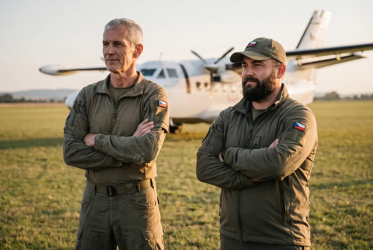 Instruktoři D&S Tactics před letounem L-410 na travnatém letišti